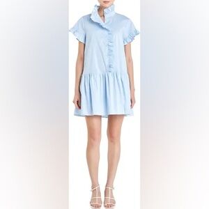 English Factory - Ruffle Baby Blue Drop Waist Poplin Short Sleeve Mini Dress SM